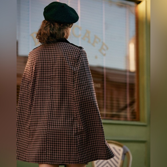 RIHOAS NWT Brown Pink Plaid Double Breasted Cape Coat Size XS - Picture 2 of 10